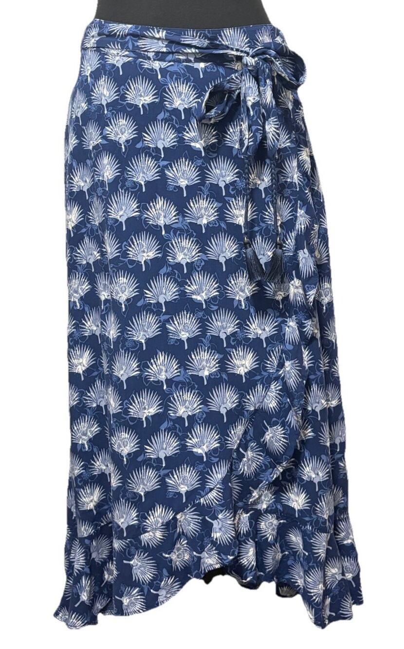 Tommy Bahama Womens 4 Blue Floral Faux Wrap Midi Skirt Ruffle Hem Resort